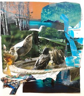 new #collage from #sketchbook . . . #art #artist #starlings #birdbaths #garden #artideas #contemporaryart #collageart #lands...