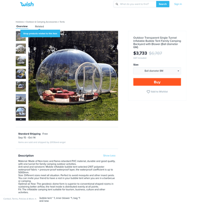 Outdoor Transparent Single Tunnel Inflatable Bubble Tent Family Camping Backyard with Blower (Ball diameter 6M) | Wish