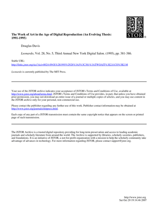 The Work of Art in the Age of Digital Reproduction (An Evolving Thesis:1991-1995)
