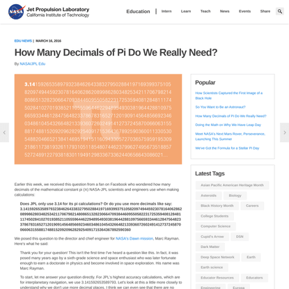 How Many Decimals of Pi Do We Really Need? - Edu News | NASA/JPL Edu