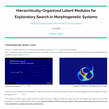 Hierarchically-Organized Latent Modules for Exploratory Search in Morphogenetic Systems