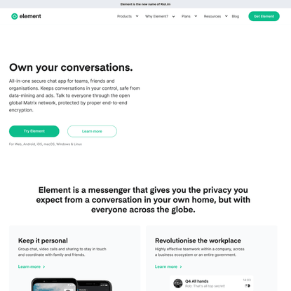 Element group video messenger | Group chat | Team communication productivity app | Matrix open network | Decentralized end-t...