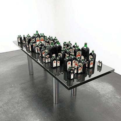 Artforum on Instagram: “YukiKimura, Table Matematica, 2016, granite, chrome plated legs, 136 Jägermeister bottles, 41 ⅝ × 3...