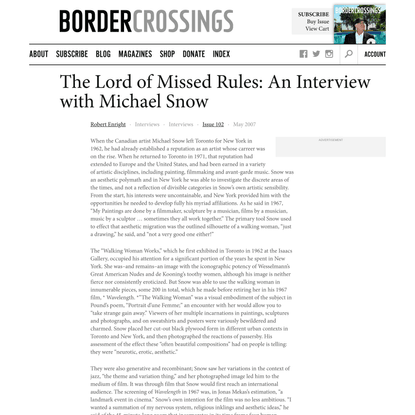The Lord of Missed Rules: An Interview with Michael Snow