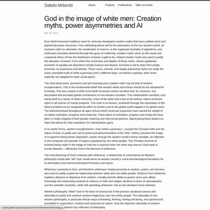 God in the image of white men: Creation myths, power asymmetries and AI