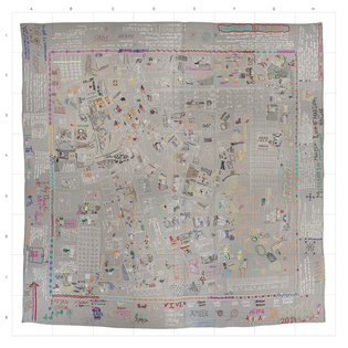 Tapestry, an embroidered interpretation of a map of learning in neighbourhood Mariamma Nagar, by Muktangan Love Grove School 6th standard children & Nicola Antaki, 2014