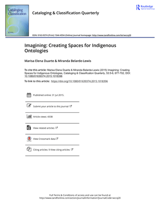 "Imagining: Creating Space for Indigenous Ontologies," Marisa Elena Duarte &amp; Miranda Belarde-Lewis