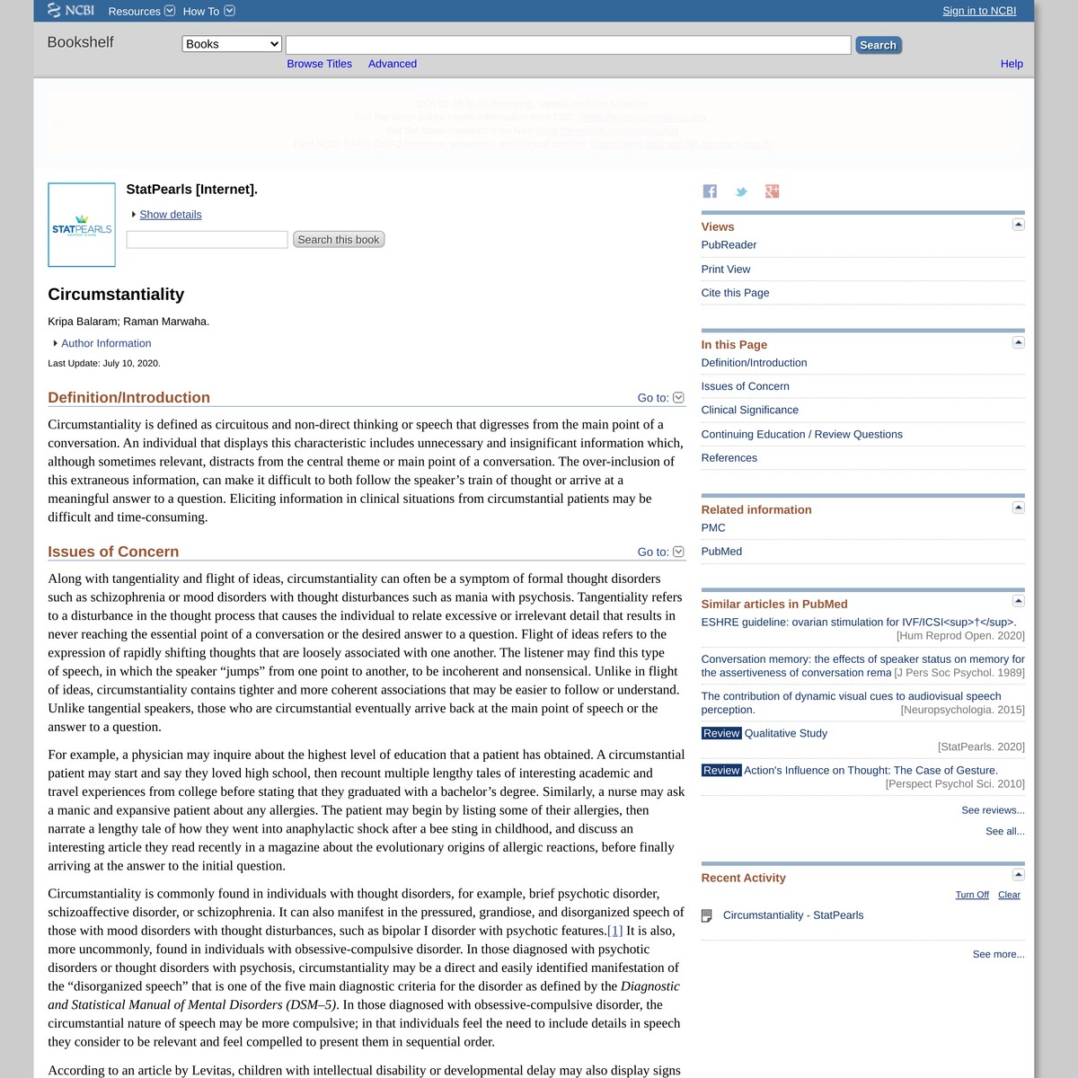 Circumstantiality - StatPearls - NCBI Bookshelf — Are.na