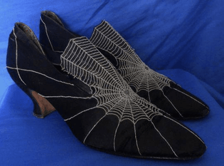 1920s black silk shoes with silver embroidered spider web