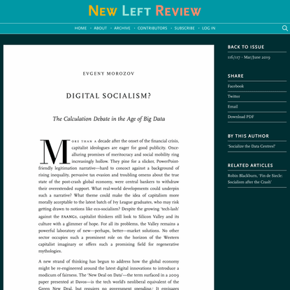 Evgeny Morozov, Digital Socialism?, NLR 116/117, March–June 2019