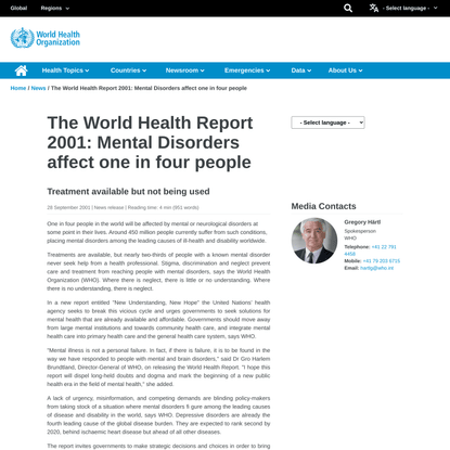The World Health Report 2001: Mental Disorders affect one in four people