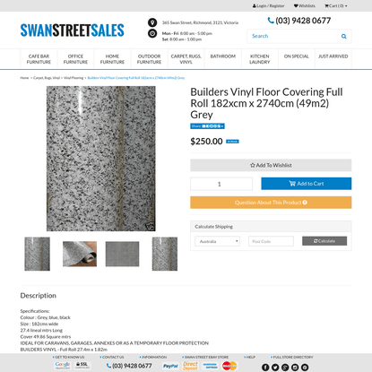 Builders Vinyl Floor Covering Full Roll 182xcm x 2740cm (49m2) Grey