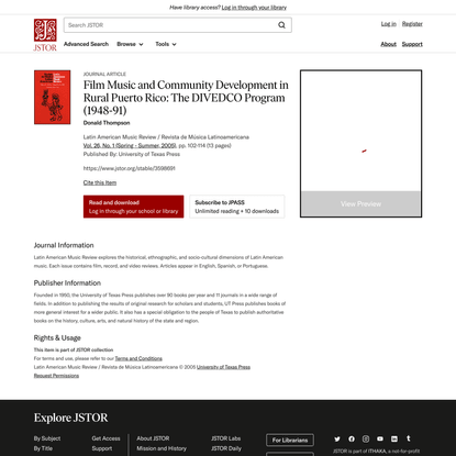 Film Music and Community Development in Rural Puerto Rico: The DIVEDCO Program (1948-91) on JSTOR