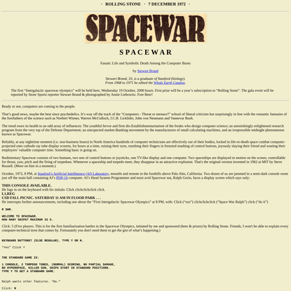 SPACEWAR - by Stewart Brand - Fanatic Life and Symbolic Death Among the Computer Bums.