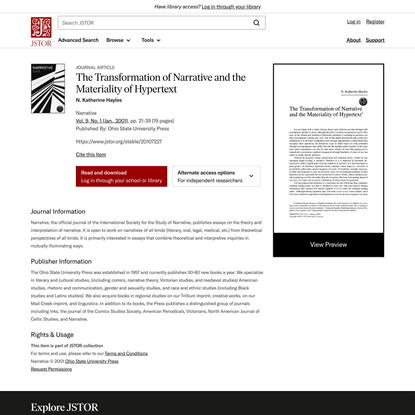 The Transformation of Narrative and the Materiality of Hypertext on JSTOR