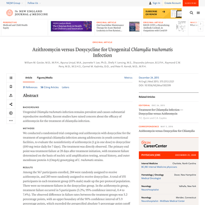 Azithromycin versus Doxycycline for Urogenital Chlamydia trachomatis Infection | NEJM