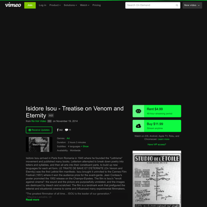 Watch Isidore Isou - Treatise on Venom and Eternity Online | Vimeo On Demand