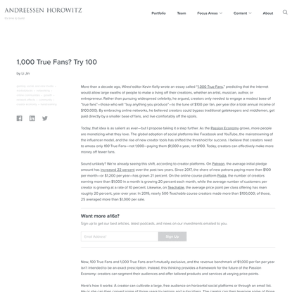 1,000 True Fans? Try 100 - Andreessen Horowitz