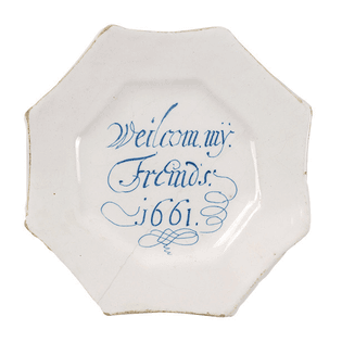 TIN-GLAZED LONDON EARTHENWARE PLATE INSCRIBED AND DATED BLUE, 1661