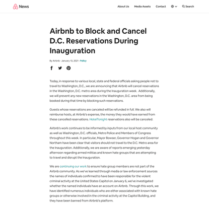 Airbnb to Block and Cancel D.C. Reservations During Inauguration