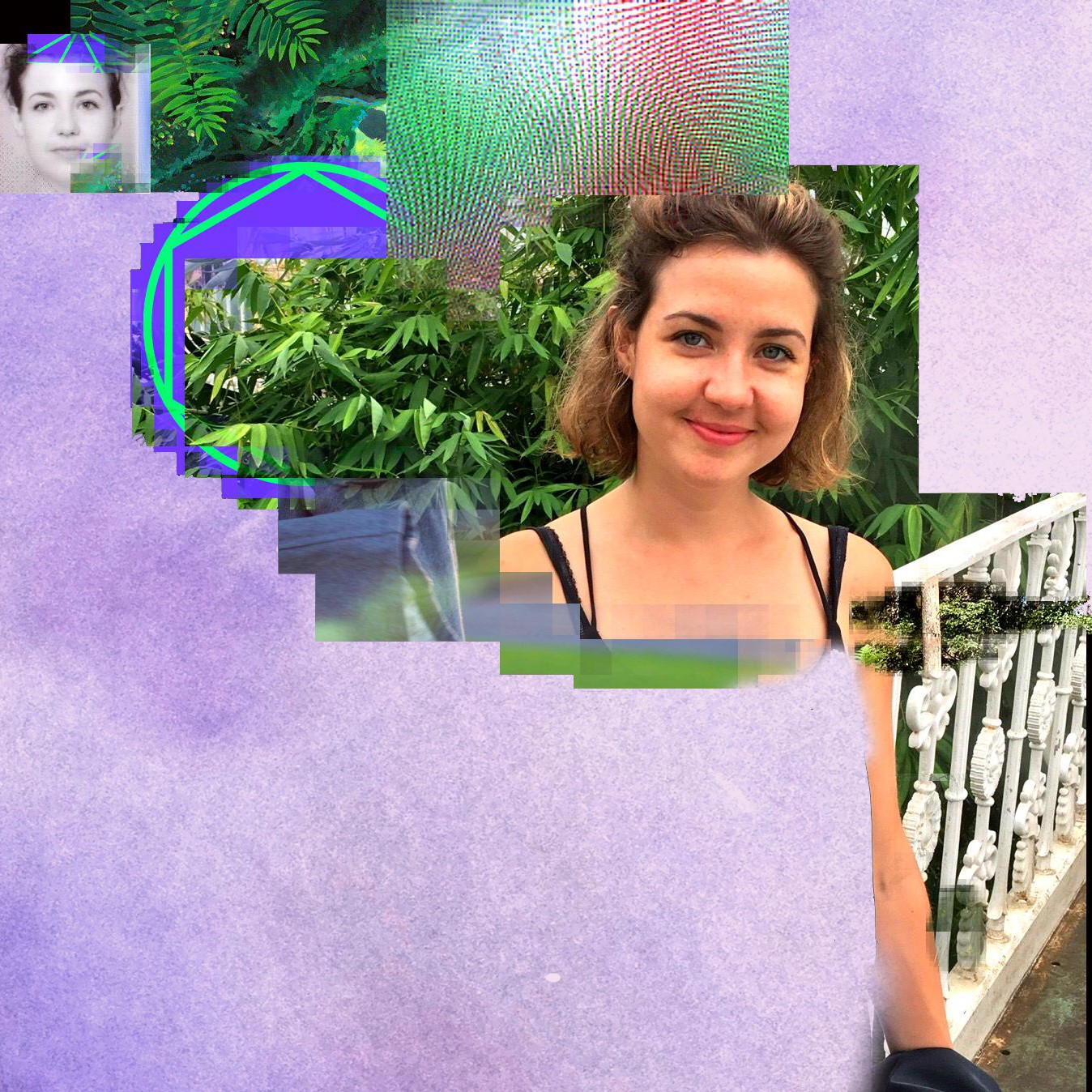 A collage of images, including fragments of a forest, a woman standing in a glasshouse with plants behind and some colourful, pixelated textures