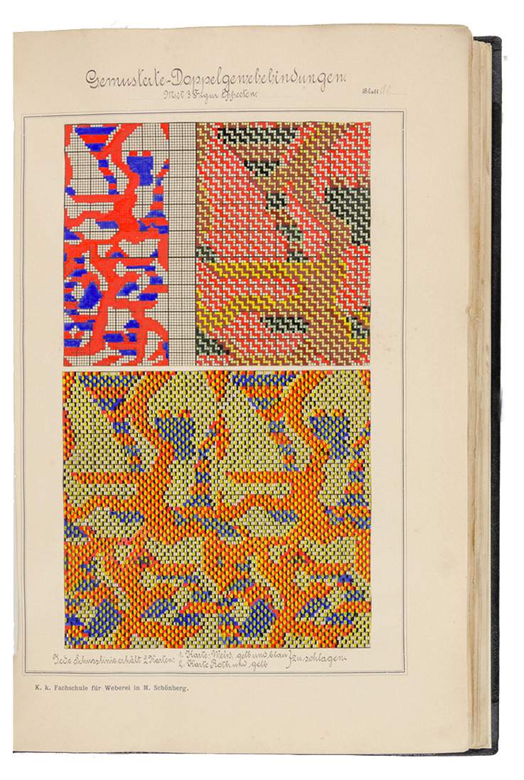 Bindungslehre & Composition, portfolio book with weaving samples by Gustav Groer, 1890. Mährisch Schönberg, K.k. Fachschule für Weberei