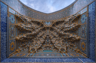 One of the iwan ceilings of Fatima Masumeh Shrine in atabki sahn, Qom, Iran