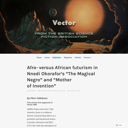 Afro- versus African futurism in Nnedi Okorafor’s “The Magical Negro” and “Mother of Invention”