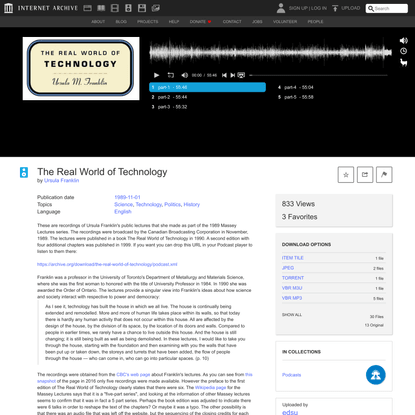 The Real World of Technology : Ursula Franklin : Free Download, Borrow, and Streaming : Internet Archive