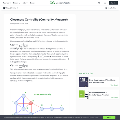 Closeness Centrality (Centrality Measure) - GeeksforGeeks