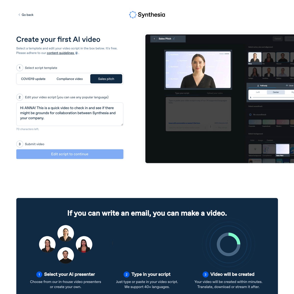 Synthesia create your own ai video are na