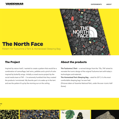 The North Face - Tuolumne 2 Tent and Homestead Sleeping Bag Pattern Design — Vandenmar