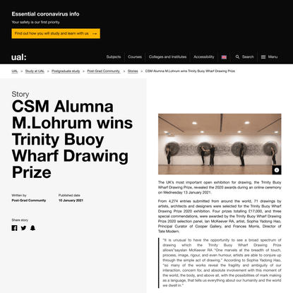 CSM Alumna M.Lohrum wins Trinity Buoy Wharf Drawing Prize