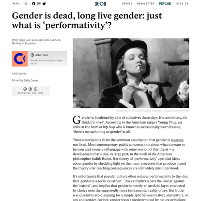 Gender is dead, long live gender: just what is ‘performativity’? – Will Fraker | Aeon Ideas