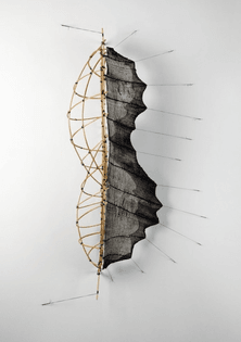 Mo Kelman, “Selfsame”,   Shibori Dyed and Shaped Silk, Bamboo, 50″ X 27″ X 16.″