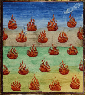 The 14th sign of the Apocalypse: earth and sky are consumed by fire. Livre de la vigne nostre seigneur ~ 1450-1470 Bodleian Library   