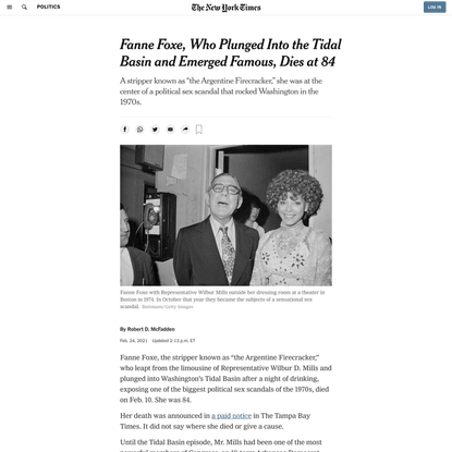 Fanne Foxe, Who Plunged Into the Tidal Basin and Emerged Famous, Dies at 84