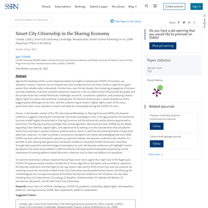 Smart City Citizenship in the Sharing Economy by Igor Calzada :: SSRN
