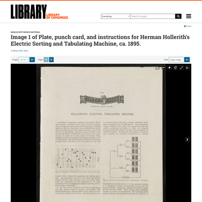 Image 1 of Plate, punch card, and instructions for Herman Hollerith’s Electric Sorting and Tabulating Machine, ca. 1895.