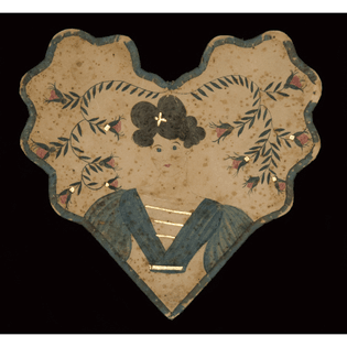 unknown new england artist, “valentine,” c.1830, watercolor and gold foil on heart-shaped card with silk outline. 