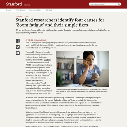 Four causes for ‘Zoom fatigue’ and their solutions | Stanford News