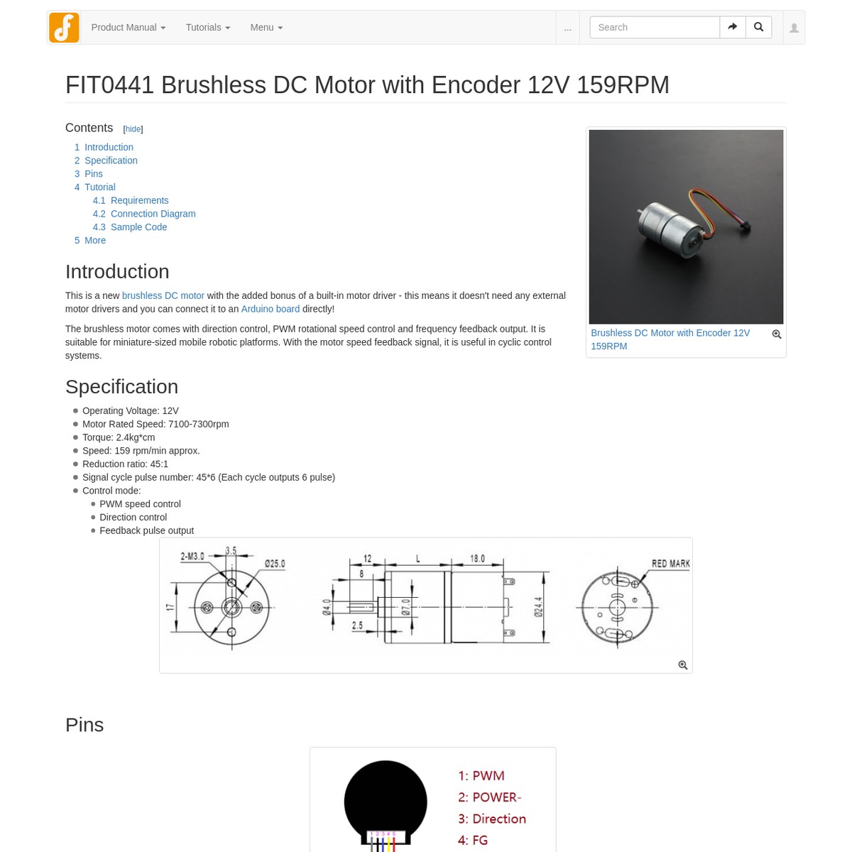 FIT0441 Brushless DC Motor with Encoder 12V 159RPM - DFRobot Electronic  Product Wiki and Tutorial: Arduino and Robot Wiki-DFRobot.com —