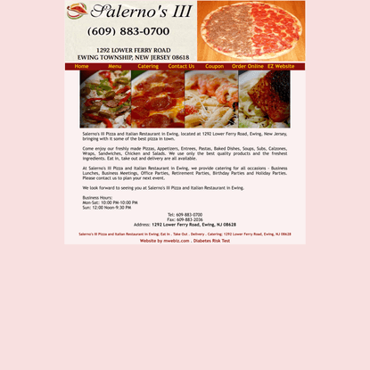 Salerno’s III Pizza and Restaurant in Ewing: 609-883-0700; Eat In . Take Out . Delivery . Catering; 1292 Lower Ferry Road, E...