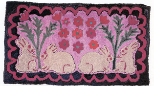 Bunnies! American folk hooked rug, 1890-1900