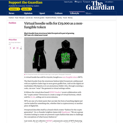 Virtual hoodie sells for £19,000 as a non-fungible token