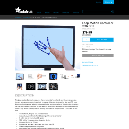 Leap Motion Controller with SDK ID: 2106 - $79.95 : Adafruit Industries, Unique &amp; fun DIY electronics and kits