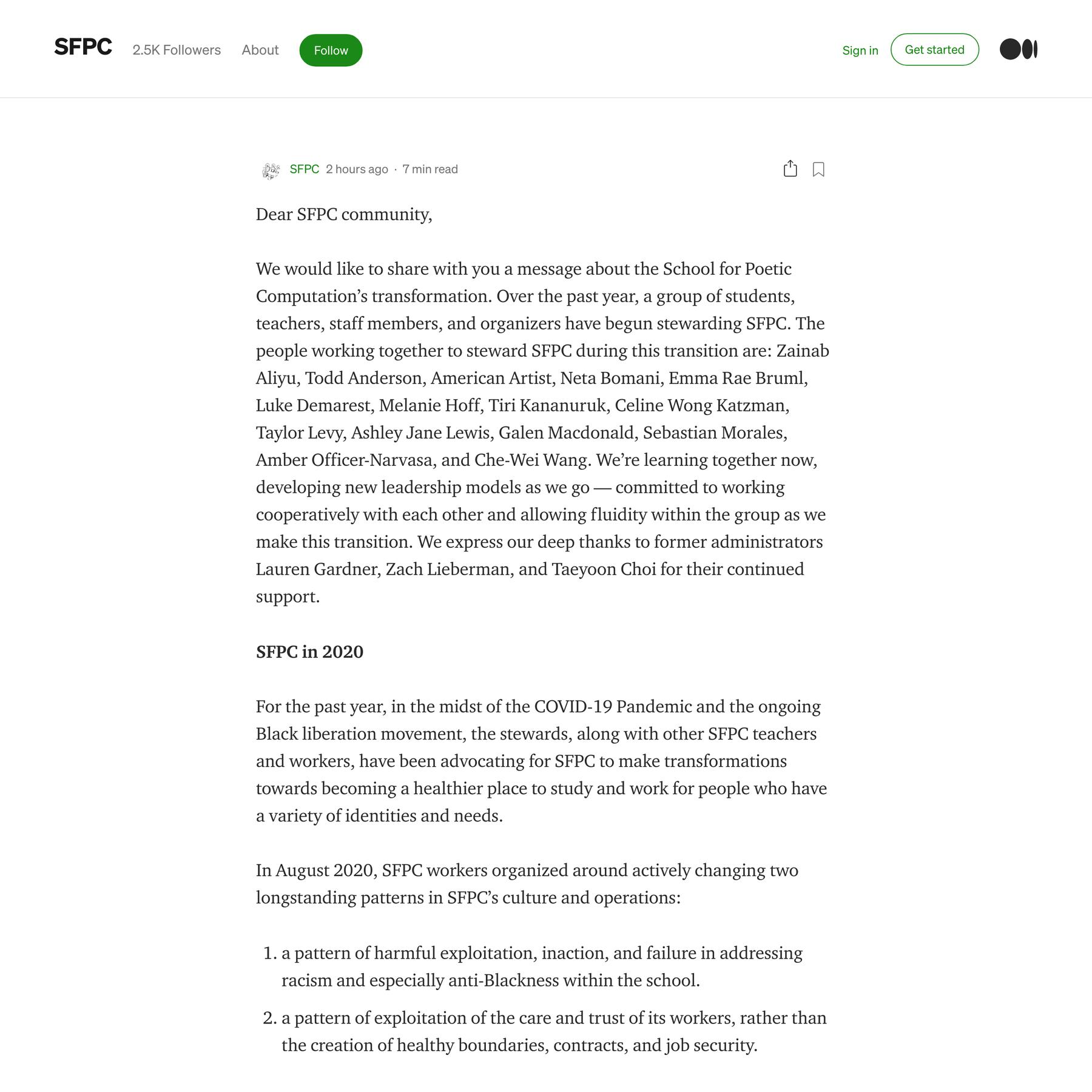 Dear SFPC community,