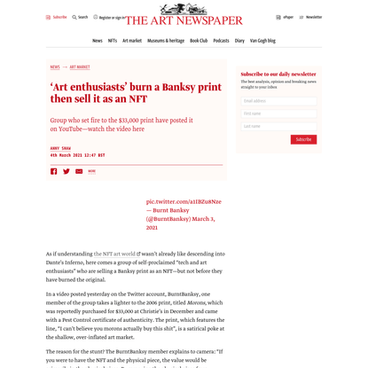‘Art enthusiasts’ burn a Banksy print then sell it as an NFT