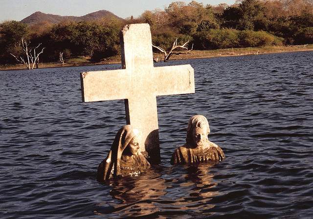 Underwater tombstone at El Salto Lake, Mexico