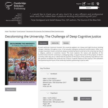 Decolonising the University: The Challenge of Deep Cognitive Justice - Cambridge Scholars Publishing